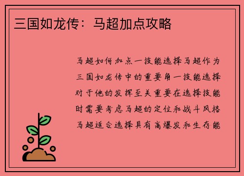 三国如龙传：马超加点攻略